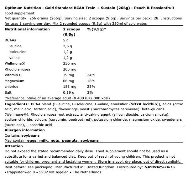 Optimum Nutrition Gold Standard BCAA Train + Sustain (266g)